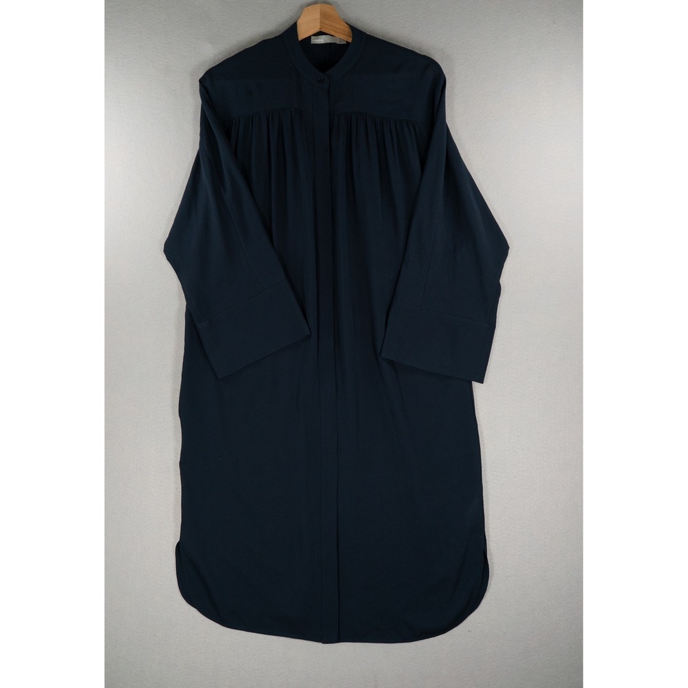 Vince 100% Silk Shirt Dress Navy Blue Band Collar Long Sleeve Women's Medium - Picture 2 of 9